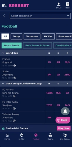 Football markets displayed in the BresBet mobile interface